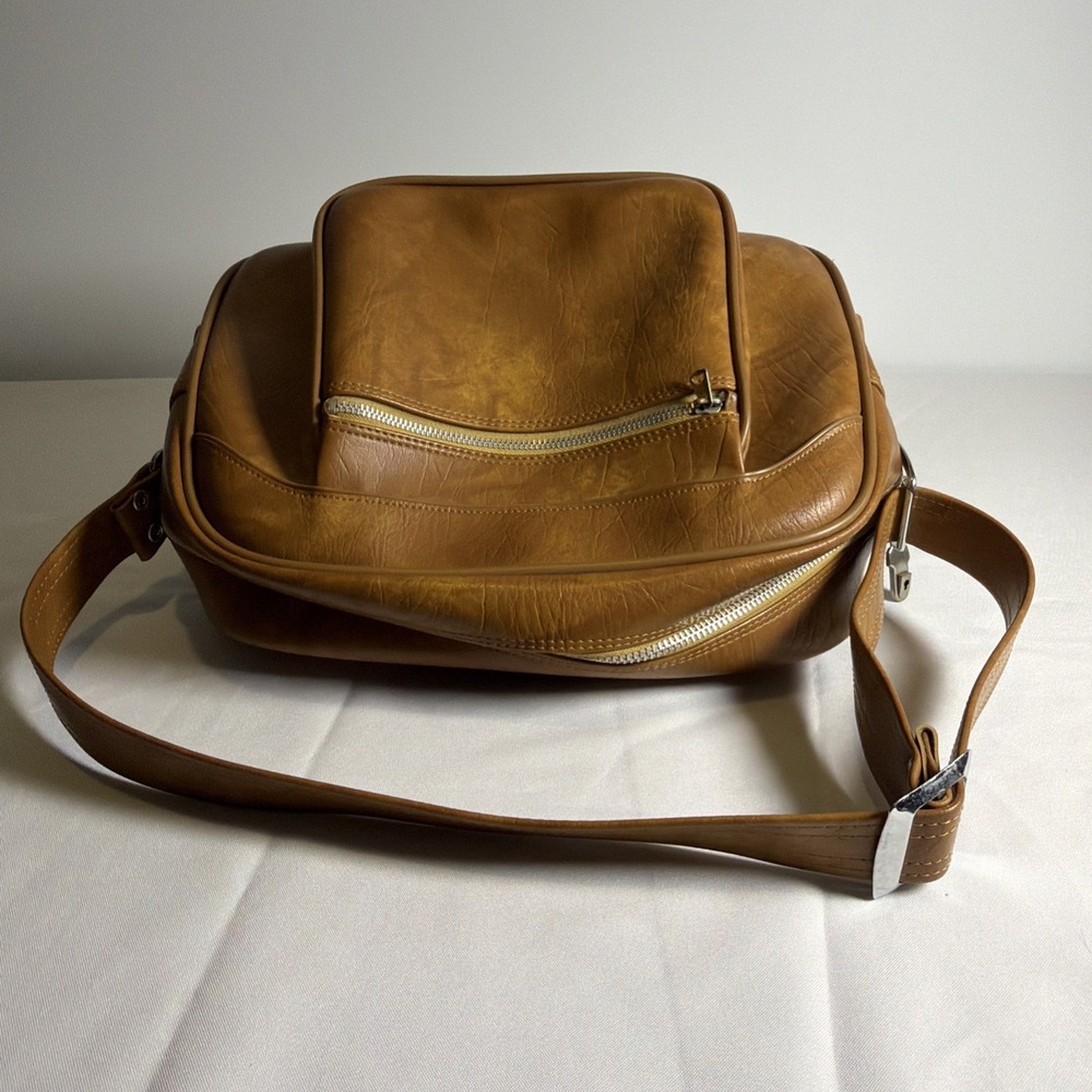 Vintage American Tourister Brown Tan Leather Shoulder Bag travel Carry On Bag - Picture 6 of 16